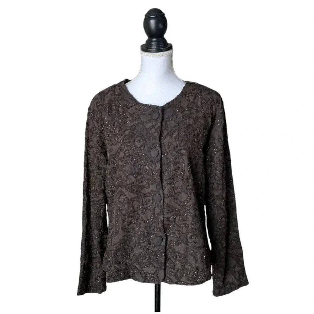 Vintage Chicos Fudge Brown Beaded Jacket New Size 2 Large Mesh Embroidered